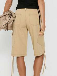Cargo Shorts For Women Elastic Waist Knee Length  Shorts Summer Outdoor Waterproof Hiking Pants With Pockets - 卡其色 - 查看 5