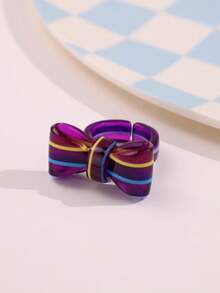 Y2K Black & White Polka Dot Chain Bow Ring, Colorful Striped Print Rings, Minimalist Personalized Daily Wear Rings For Women, Aesthetic - Multicolor - View 9