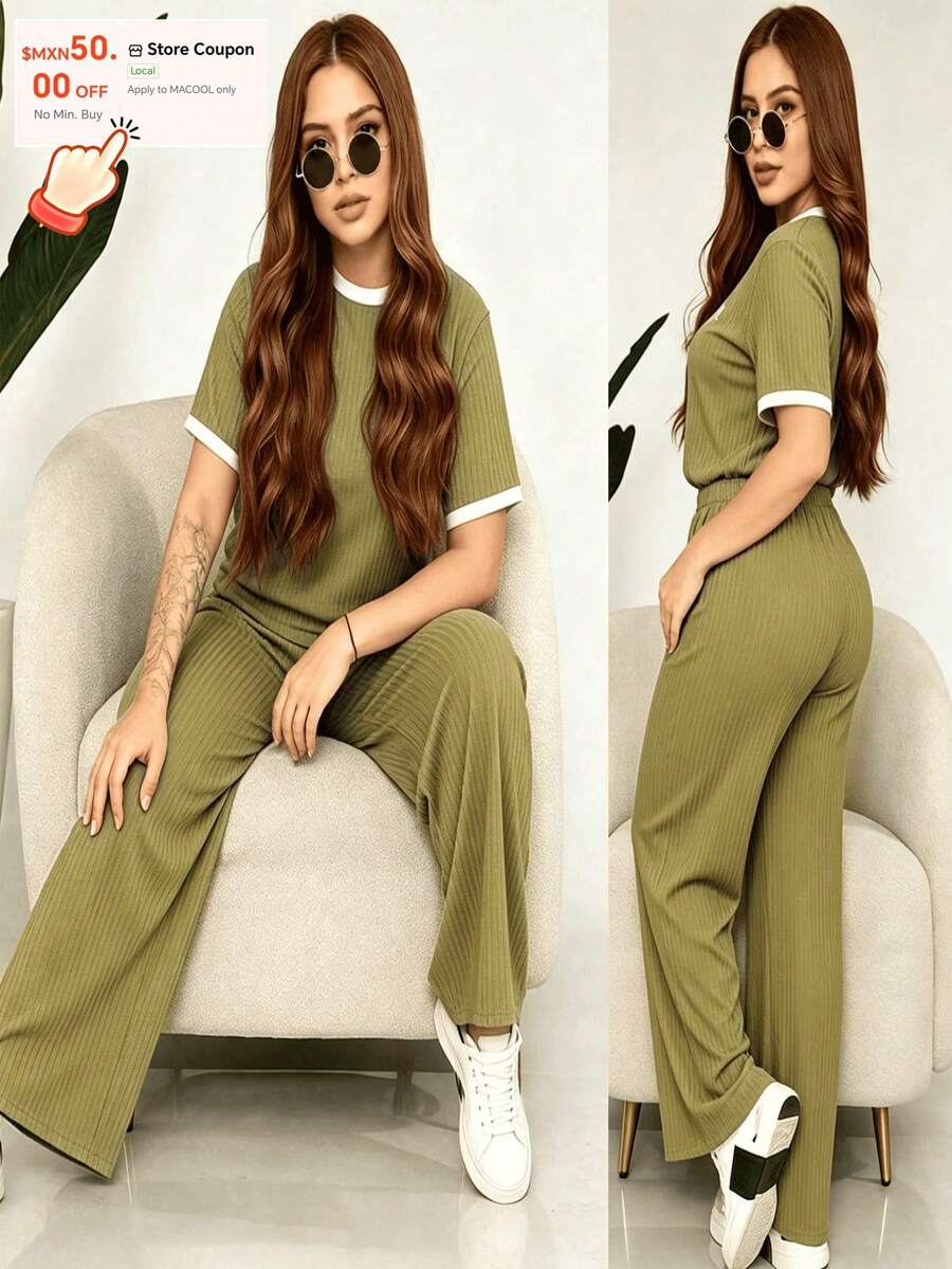 Comfort And Style In One Outfit! Upgrade Your Look With Our 2-Piece Set: A Ribbed Top And Super Comfortable Pants. Available In Various Colors. Women's 2-Piece Casual Set: Short-Sleeve Crew Neck Top And High-Waisted Loose Wide-Leg Pants - Ribbed Textured Loungewear Set For Summer And Yoga - 綠色 - 查看 1