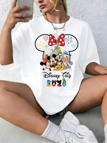 These 2026 Disney Trip Couple T-Shirts Feature Mickey And Minnie Mouse's Faces And A Castle, Making Them An Ideal Choice For Couples And Families. - Nữ - Màu trắng - Xem 2