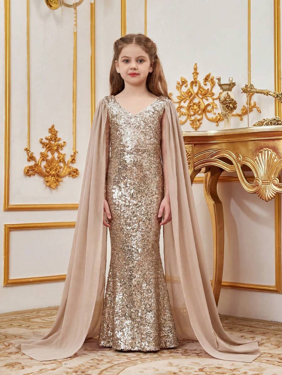 Vestido formal para niña preadolescente de sirena con mangas de capa de chifón y parche de lentejuelas brillantes - Champán - Ver 1