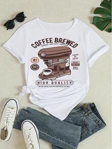 Women's Pure Cotton Short-Sleeved T-Shirt Coffee Machine Print Casual Top - White - View 4