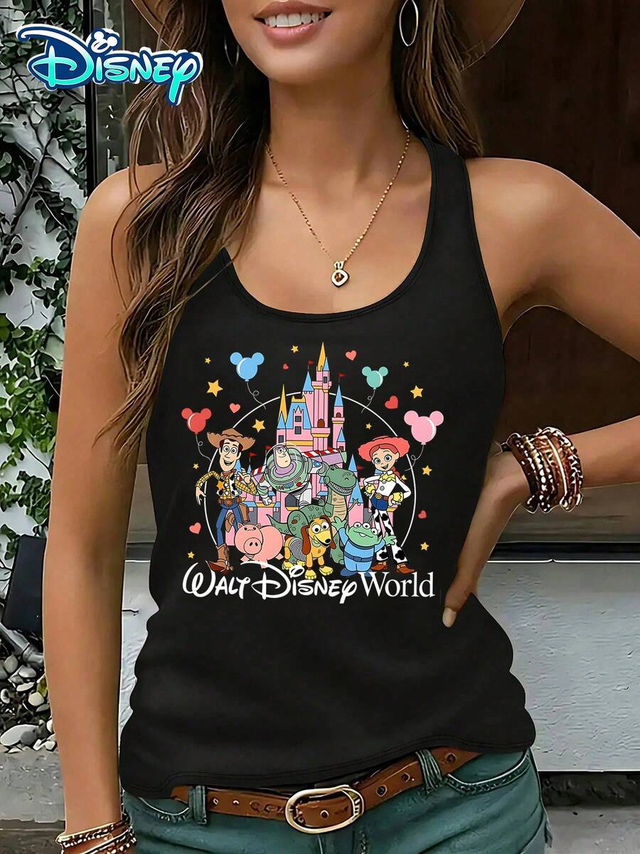 Autorización oficial de Disney | Chaleco casual sin mangas de cuello redondo para mujer. Tomando "Toy Story" y Disneyland como tema, combinado con castillos, retratos de personajes y las palabras "Walt Disney World", es soñador y lleno de significado conmemorativo. Es un artículo exclusivo para viajes a parques temáticos y una opción ideal para registrar hermosos recuerdos. - Negro - Ver 1