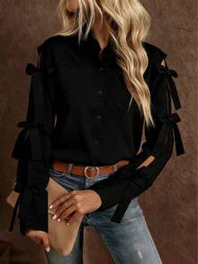 Single-Breasted Long-Sleeved Shirt With Decorative Bow, Solid White For Spring - 黑色 - 查看 1