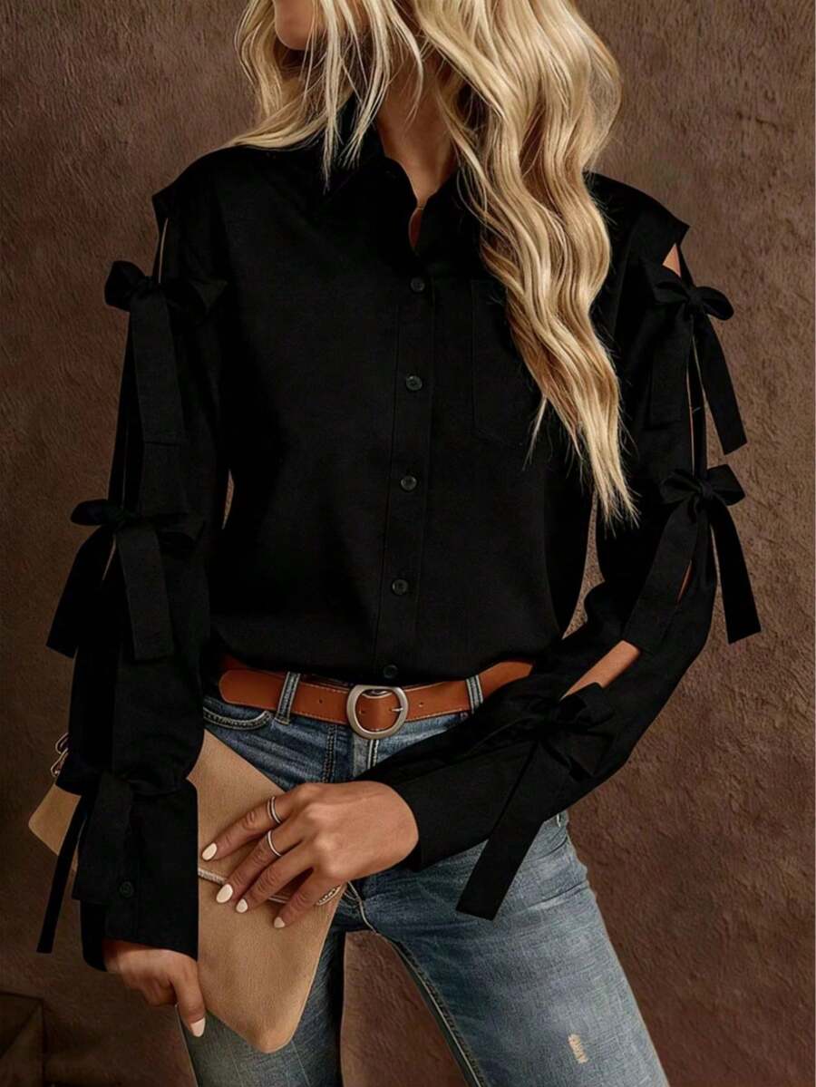Single-Breasted Long-Sleeved Shirt With Decorative Bow, Solid White For Spring - 黑色 - 查看 1