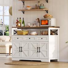 140cm Sideboard With Storage Space, Coffee Corner With 3 Drawers, Country-Style Console With Doors, Cupboards With Shelves, Ideal For The Kitchen, Living Room, Entrance Hall, Rustic White/Brown Style - 白色 - 查看 3