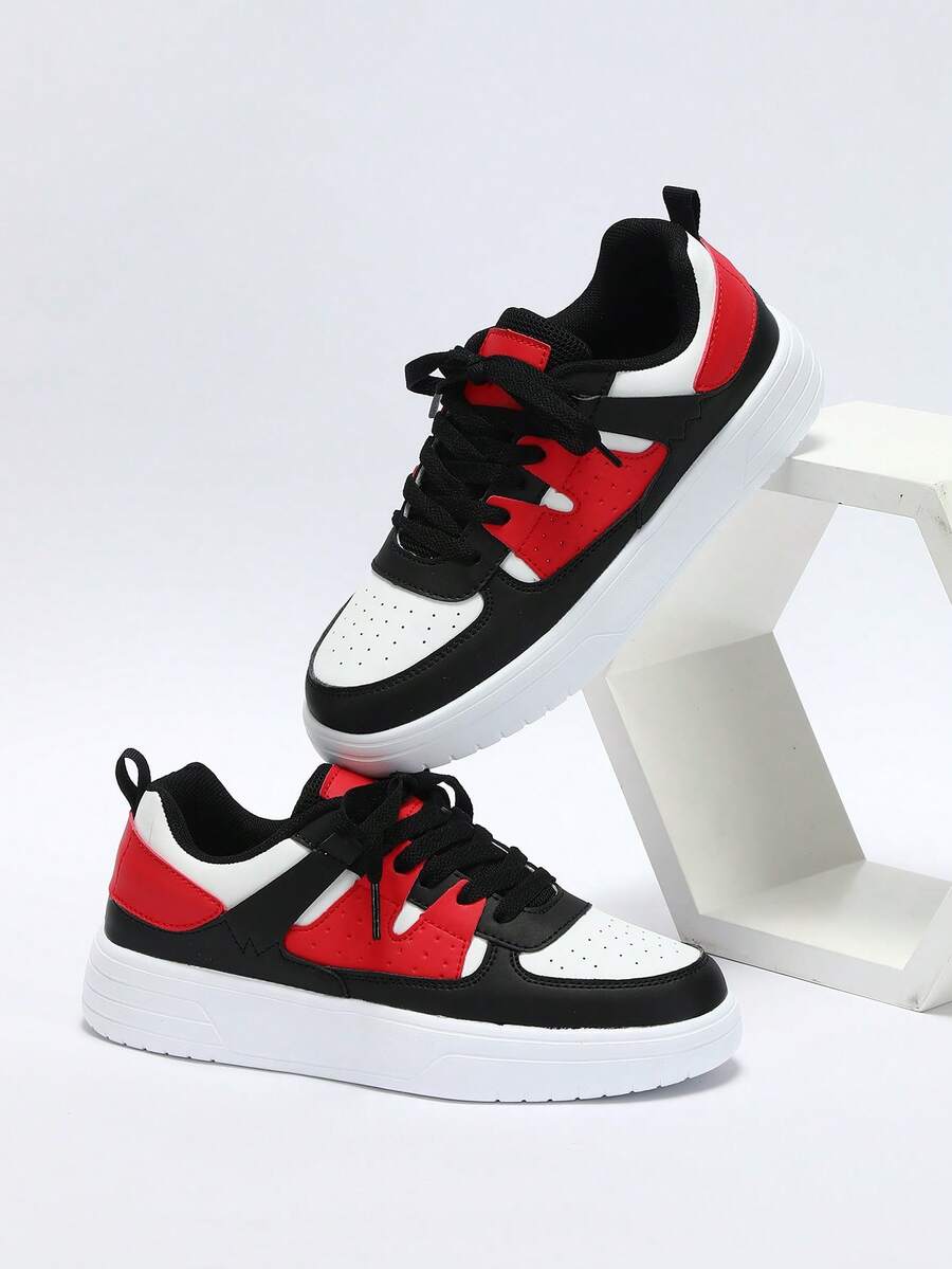 These Low-Top Skate Shoes For Teens Feature A Multi-Color Block Design, A High-Quality PU Leather Upper, And A Thick, Non-Slip Platform Sole. As Lace-Up Casual Sneakers, They Combine Practicality With Durability, Offering Both Comfort And A Stylish, Casual Look. They Are Perfect For Everyday Wear, School Activities, Street Style, And Outdoor Adventures. - Multicolor - View 1