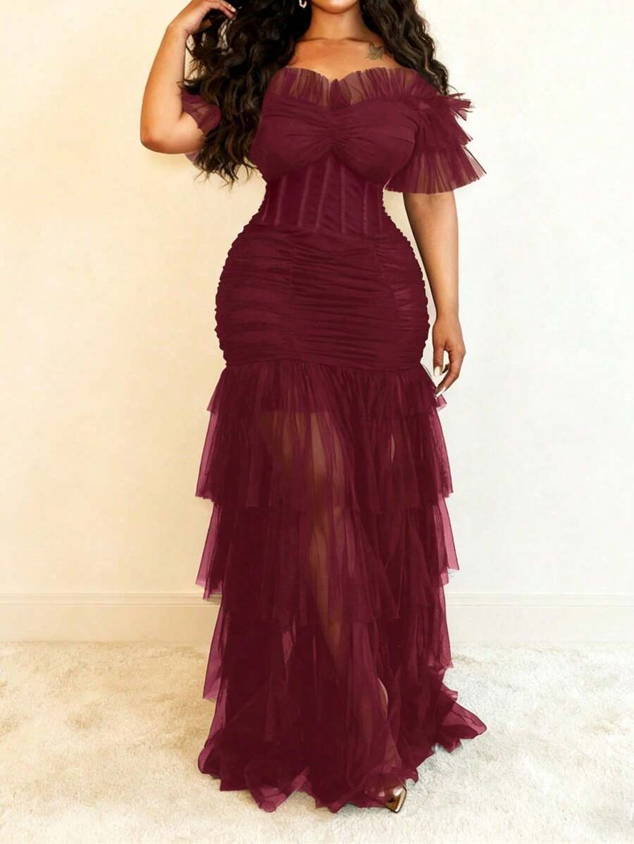 Veslaya Vestido maxi elegante con cintura elástica, hombros descubiertos, volantes y estilo bohemio para mujeres de talla grande, adecuado para festivales de música, Pascua, eventos bohemios, ocasiones con estilo de Nashville, fiestas de cumpleaños, graduaciones, uso casual estudiantil, ocio, vacaciones, cruceros, playa, tomar el sol, resorts casuales, actividades de playa - Burdeos - Ver 1