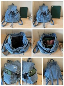 Vintage Washed Blue Canvas Drawstring Backpack, Niche Casual Style Flap Cover Backpack, Daily Commute Student Leisure Small Backpack, Relaxed Drawstring Flap Design, Casual Versatile Multi-Pocket Backpack, School Style Middle/High/College Student Backpack, Lightweight Travel Canvas Bag - Multicolor - View 10