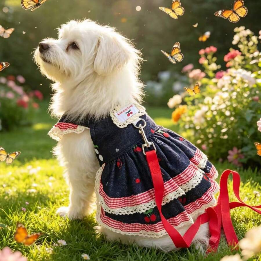 春夏牛仔樱桃连衣裙,适合宠物犬猫,带牵引绳挂钩,方便户外散步,适合贵宾犬、比熊犬、马尔济斯犬等犬种。 - 彩色 - 查看 1