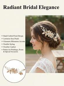 1 buah Jepit Rambut Pengantin Motif Bunga Emas Vintage, Aksesori Rambut Mutiara & Berlian Imitasi Buatan Tangan, Dekorasi Gaya Rambut Sanggul Pernikahan - MultiWarna - View 3