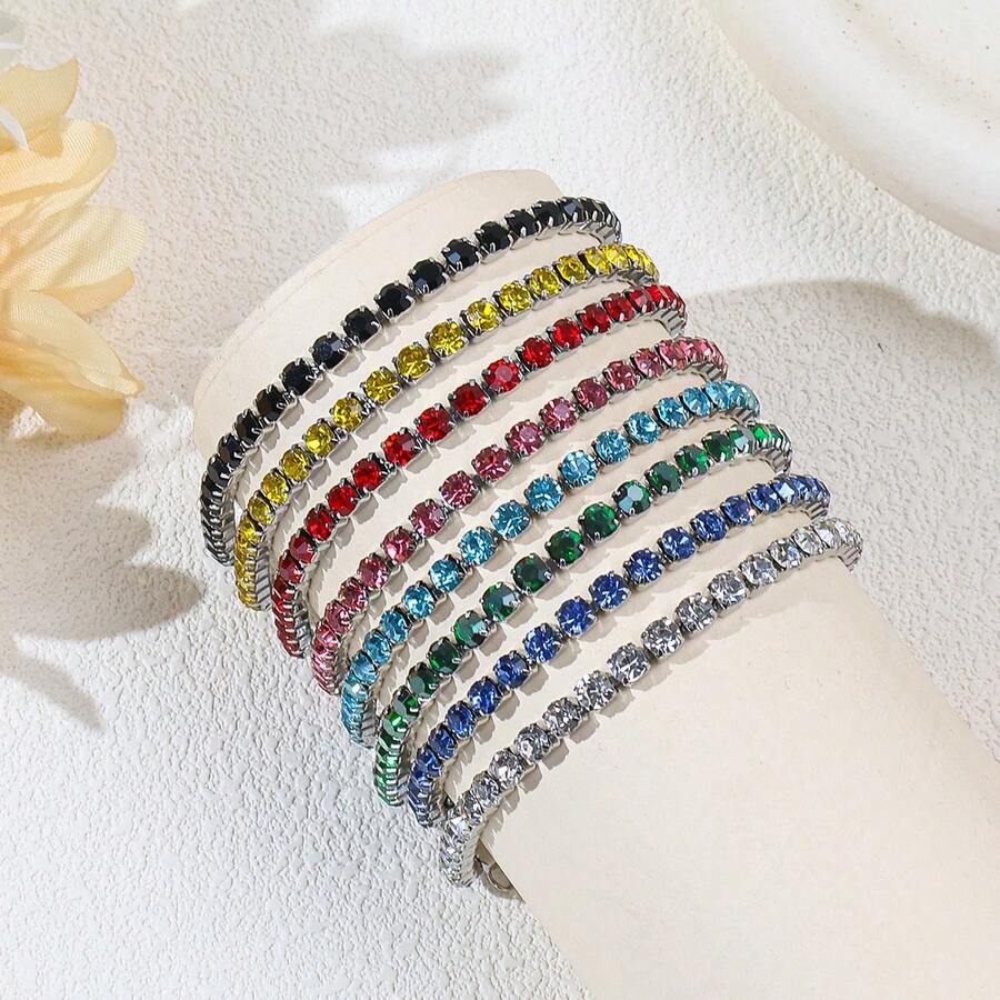 1pc Minimalist Luxury Colorful Super Shiny Single Row Full Rhinestone Stainless Steel Tennis Bracelet Suitable For Women