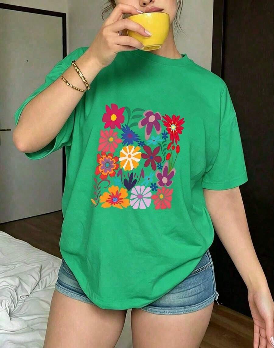 Women's Clothing Plus Size Floral Print Short Sleeve T-Shirt, Casual Summer Style, Round Neck Oversized Printed T-Shirt For Women, Casual Summer Shirts - 綠色 - 查看 1