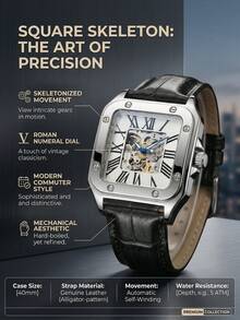 1pc Men's Square Roman Numeral Hollow Mechanical Watch, Retro Leather Strap, Fashion Wristwatch - Mouldless - View 4