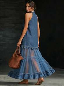 Women's Halter Neck Denim & Tulle Tiered Maxi Dress Dark Wash Button Front Ruffle Hem Mixed Media Dress Boho Halter V-Neck Denim Top With Sheer Tulle Skirt - 深藍色 - 查看 3