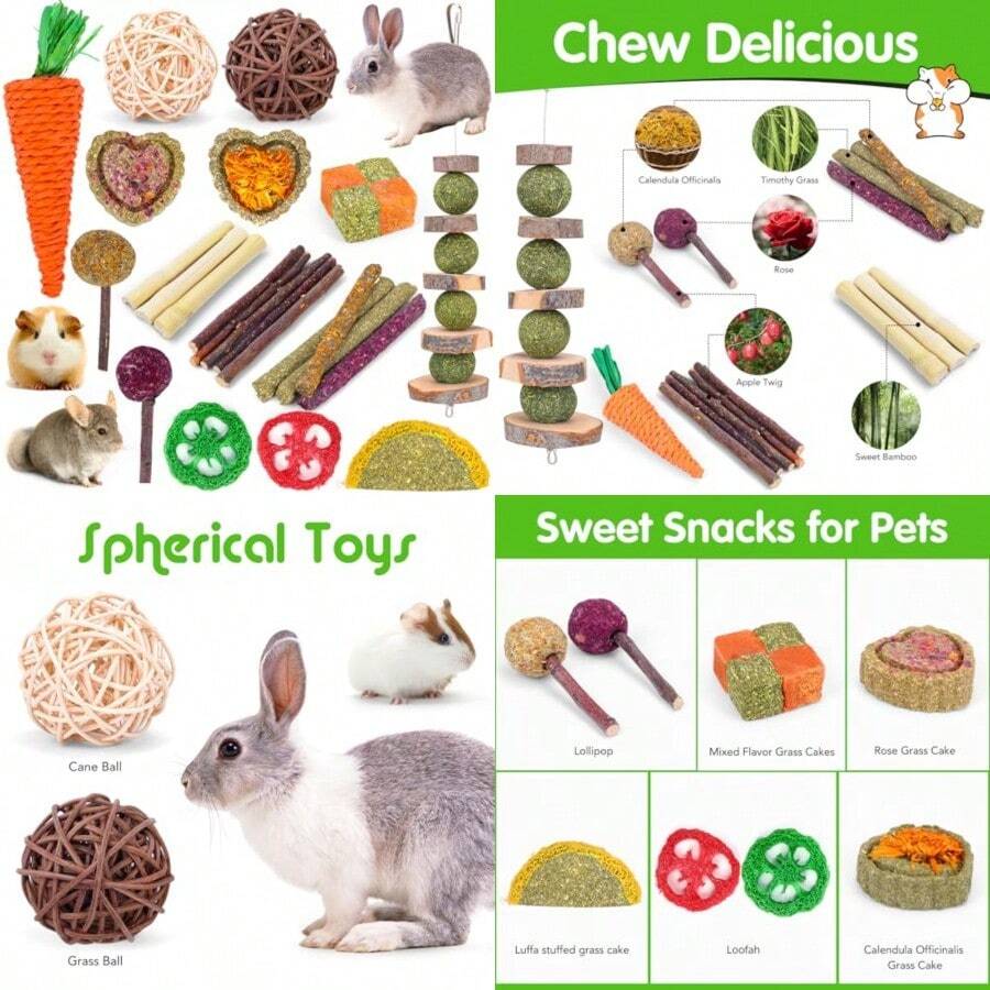 Bunny Teys For Rabbits Hamster/Guinea Pig Toys Natural Timothy Hay Sticks Chew Treats And Balls For Rabbit, Bunny, Chinehila, Guirea Pig, Hamster, Rabbit Teeth Care - 24PackSet - View 1