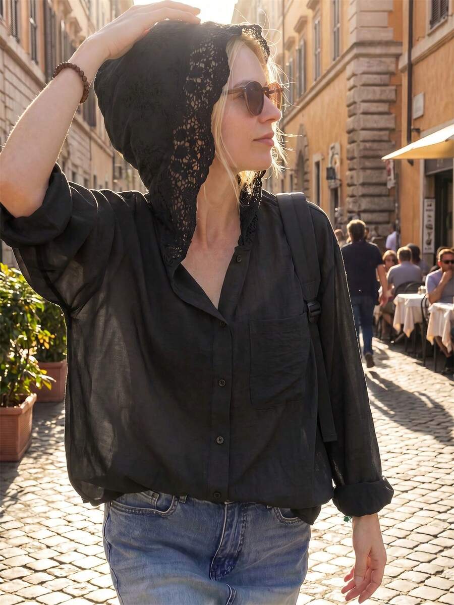 法式鏤空鉤編連帽長袖上衣,寬鬆街頭風時尚優雅薄款襯衫女款,秋冬黑色 - 黑色 - 查看 1
