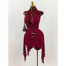 Vestido Halter Espalda Descubierta Cinta Metal Nuevo - Burdeos - Ver 6