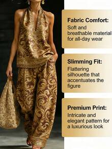 Women Plus Size Summer Spring Look Top Elastic Wide Leg Pants Set Baroque Cscroll Pattern Print Suitable Vacation Casual Formal Wear - Mixed Colors - View 3