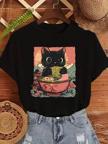 Women's Casual T-Shirt With Ramen Cat Print, Fashionable Printed T-Shirt, Modern Base Layer For Daily Outings, Everyday Comfort, Round Neck Printed T-Shirt For Girls, Soft And Lightweight Cotton Material, Breathable And Comfortable To Wear, Simple And Elegant Daily Combination, Classic And Vivid Print Design, Comfortable Space To Move Freely, Solid And Durable Quality. - 黑色 - 查看 1