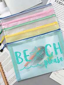 防水時尚海灘包，印有「Beach Please」海星圖案，大容量，透明設計，尼龍拉鍊，輕巧耐用，適合春夏季收納，適用於游泳、海灘、潛水、夏季度假、開學季。輕便防曬收納袋，送給朋友、家人、閨蜜、同學的完美禮物 - 彩色 - 查看 7