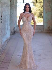 Faeriesty Robe de soirée glamour et brillante de style sirène, ornée de sequins et de fausses perles, avec des bretelles en chaîne de fausses perles délicates, robe sirène en mousseline de soie transparente, convenant pour les mariages, les tapis rouges, les galas et autres occasions formelles pour les femmes - Champagne - Voir 6
