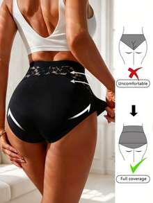 1pc Women's Solid Color High Waist Lace Patchwork Body Shaping Bottoms - Black - View 2