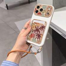 Vintage Tropical Plant Print Card Holder Phone Case With Lanyard, Shockproof And Card Slot, Compatible With 11/12/13/14/15/16/17 Pro/Pro Max, Full Camera Protection, Suitable For Daily Use, Crossbody Case - Khaki - View 2