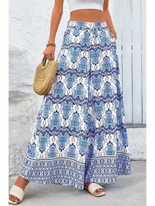 [Free Shipping]Women Wide Leg Pants Casual High Waist Floral Palazzo Pants For Women Flowy Lounge Boho Beach Trousers Pockets Women's Wide Leg - 藍色 - 查看 5