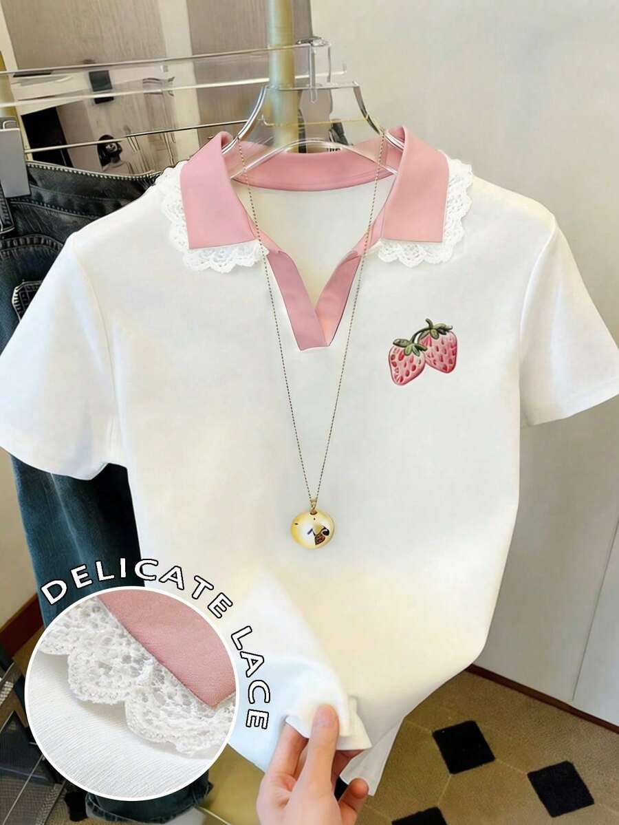 Camiseta de mujer de manga corta ajustada con cuello polo de unicolor - Blanco - Ver 1