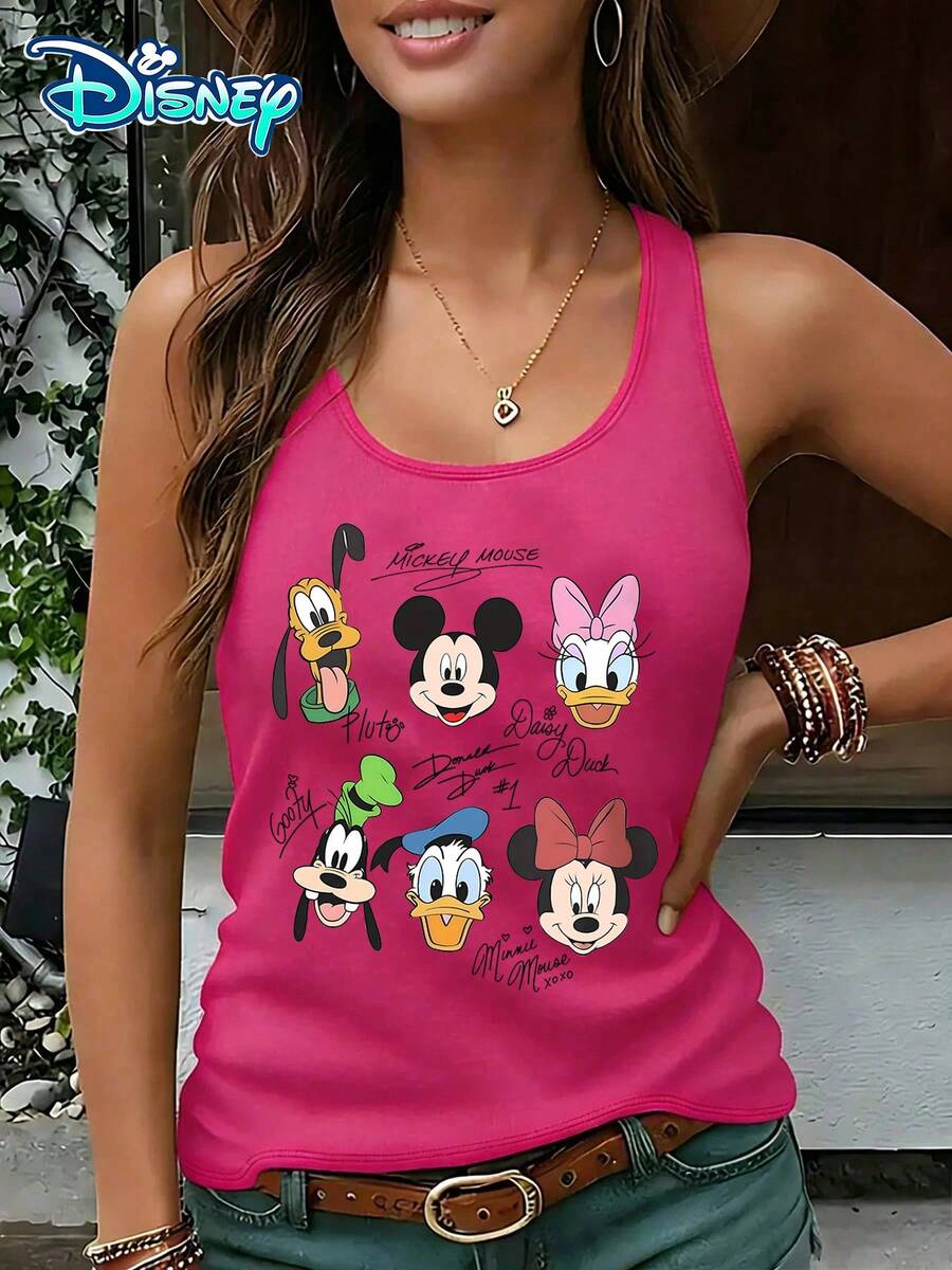 Disney Official Authorization | Women's Casual Round Neck Sleeveless Vest. With Disney Character Group Images As The Theme, It Is Simple And Full Of Retro Feeling With Character Avatars And Signature Prints. It Is A Versatile Basic Item For Daily Use And An Ideal Choice For American Retro Enthusiasts. - 玫紅色 - 查看 1