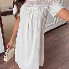 Vestido midi de mujer con cuello redondo y mangas cortas con encaje en contraste - Blanco - Ver 8