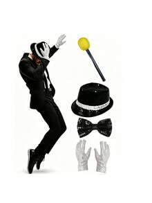 2/3/4/5/7 Piece Classic Stage Costume Set: Bowler Hat + Fashion Glasses + Gloves + Fake Microphone + Tie, 5-Piece Set, Halloween Party Performance Props, Imitation Show Props, Sequin Hat, White Gloves, Fashion Glasses, Suitable For Retro Style, 80s Disco, Music Themed Company Party, School Gala, Also Can Be Used As Unified Props For Team Performances - Multicolor - View 11