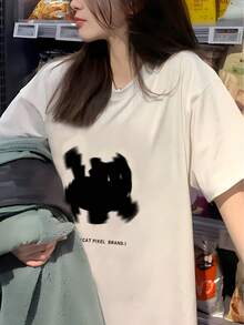 Women's Y2K Style T-Shirt With Cat Print - Korean Style, Short Sleeve Summer Top, Round Neck And Loose Fit - Casual Blouse With Kitten Face And Paws Design - Streetwear - 白色 - 查看 2