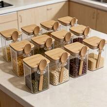 4/6/10/12pcs 320ml Square Glass Jars With Bamboo Lids And Spoons, Airtight Food Storage Containers For Sugar, Coffee, Oats, Flour, BBQ Seasoning, Kitchen Storage - View 8