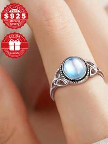 1pc S925 Sterling Silver Celtic Moonstone Ring, Daily Wear Valentine's Day Commemorative Gift, Comes With Gift Box - Silver - View 8