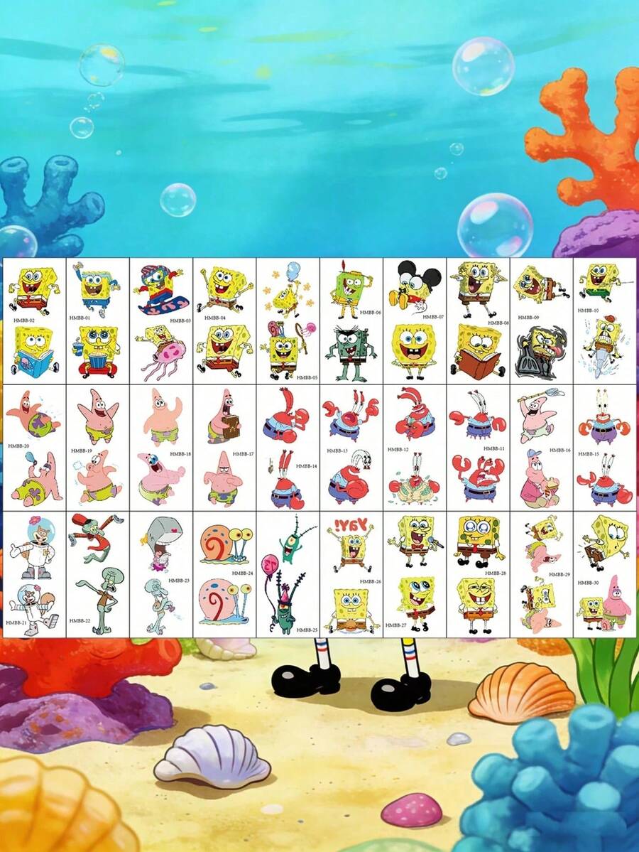 SpongeBob SquarePants 30Pcs Temporary Decorative Stickers Featuring Cute Cartoon Characters And Designs, Perfect As Party Favors And Fun Temporary Tattooss. - View 1
