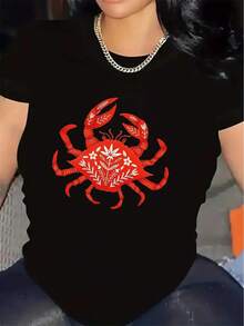 Short-Sleeved T-Shirt With Red Crab Print, Made Of Durable, Lightweight And Comfortable Polyester Fabric, Suitable For Casual Wear At Home Or In Restaurants, An Ideal Choice For Beach Vacations And Summer Outings. - 白色 - 查看 7