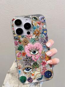 1pc Feather Yarn Diamond Eye Pattern Full Coverage TPU Shockproof Phone Case, Compatible With IPhone 16 15 14 13 12 11 Pro Max - Multicolor - View 4