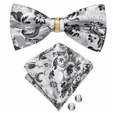 Grey Floral Jacquard Men Bow Tie Pocket Square Cufflinks Ring 4Pcs Set, Random Cufflink Pattern, Wedding Business Holiday Formal Accessories - Grey - View 2