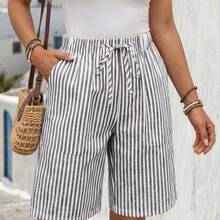 Faunlyn Pantalones cortos tipo bermudas a rayas con bolsillos laterales, de corte amplio y cintura media, estilo básico - Multicolor - Ver 5