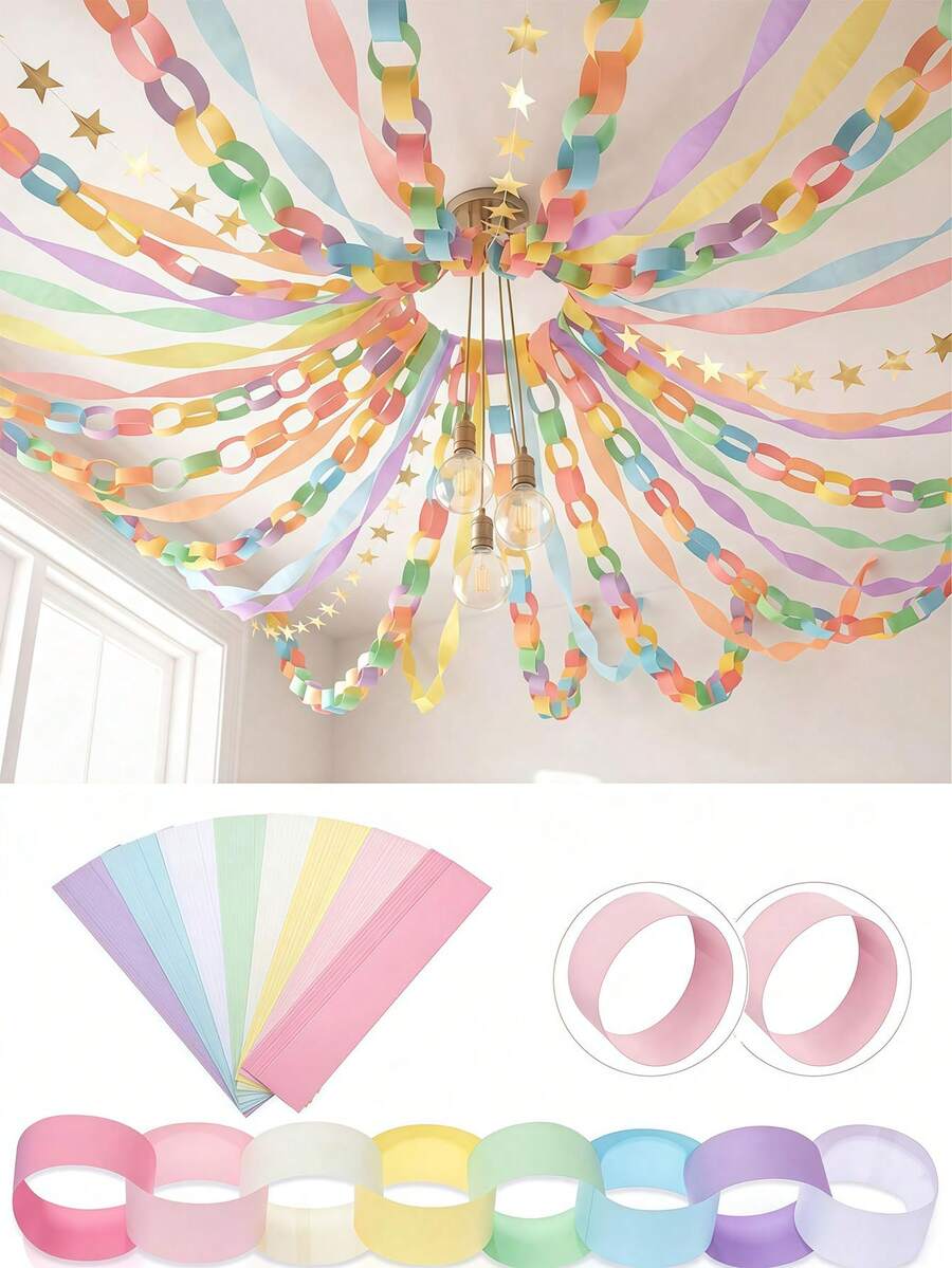 Double-Sided Paper Chain Garland, DIY Rainbow Hanging Ribbon, Party Decoration Ribbon Garland, Suitable For Birthday, Wedding, Carnival, Costume Party, Banquet And Various Theme Holiday Party Decoration And Craft Material - Multicolor - View 1