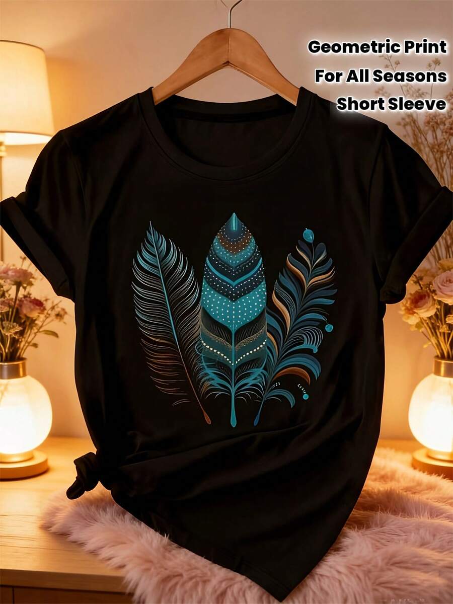 T-Shirt With Vibrant Geometric Print In Pop Art Style And Vintage Design In Turquoise And Brown Tones. - 黑色 - 查看 1