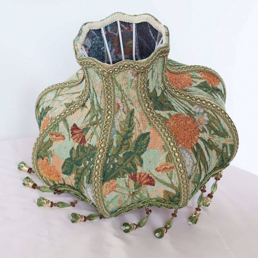 Pantalla de lámpara de tela con estilo de pintura al óleo y jacquard floral, con borla de cuentas verdes, cubierta decorativa de atmósfera para lámpara de mesa de dormitorio vintage francés - Pintura al óleo estilo floral - Ver 1