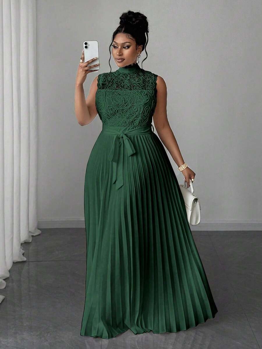 Maweii Vestido elegante de mujer talla grande con cuello mao, sin mangas, con cintura plisada y encaje - Verde Oscuro - Ver 1