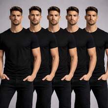 Set Of 5 Men's Basic Plain T-Shirts, 100% Premium Cotton - Kit 5 Black - View 1
