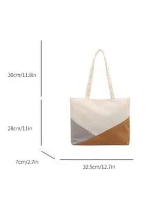 Classic Color Block Shoulder Bag, Minimalist Versatile Large Capacity Tote Bag, Commuter Canvas Handbag, Fashionable - White - View 11