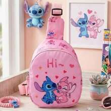 Official Stitch And Angel Crossbody Bag - Compact Multi-Pocket Chest Bag For Storing Essentials - "Lilo & Stitch" Pink Pattern Shoulder Bag - Lightweight Travel/Commute Bag Suitable For Theme Parks And Outdoor Activities - Fashionable Stitch Print - Multicolor - View 2