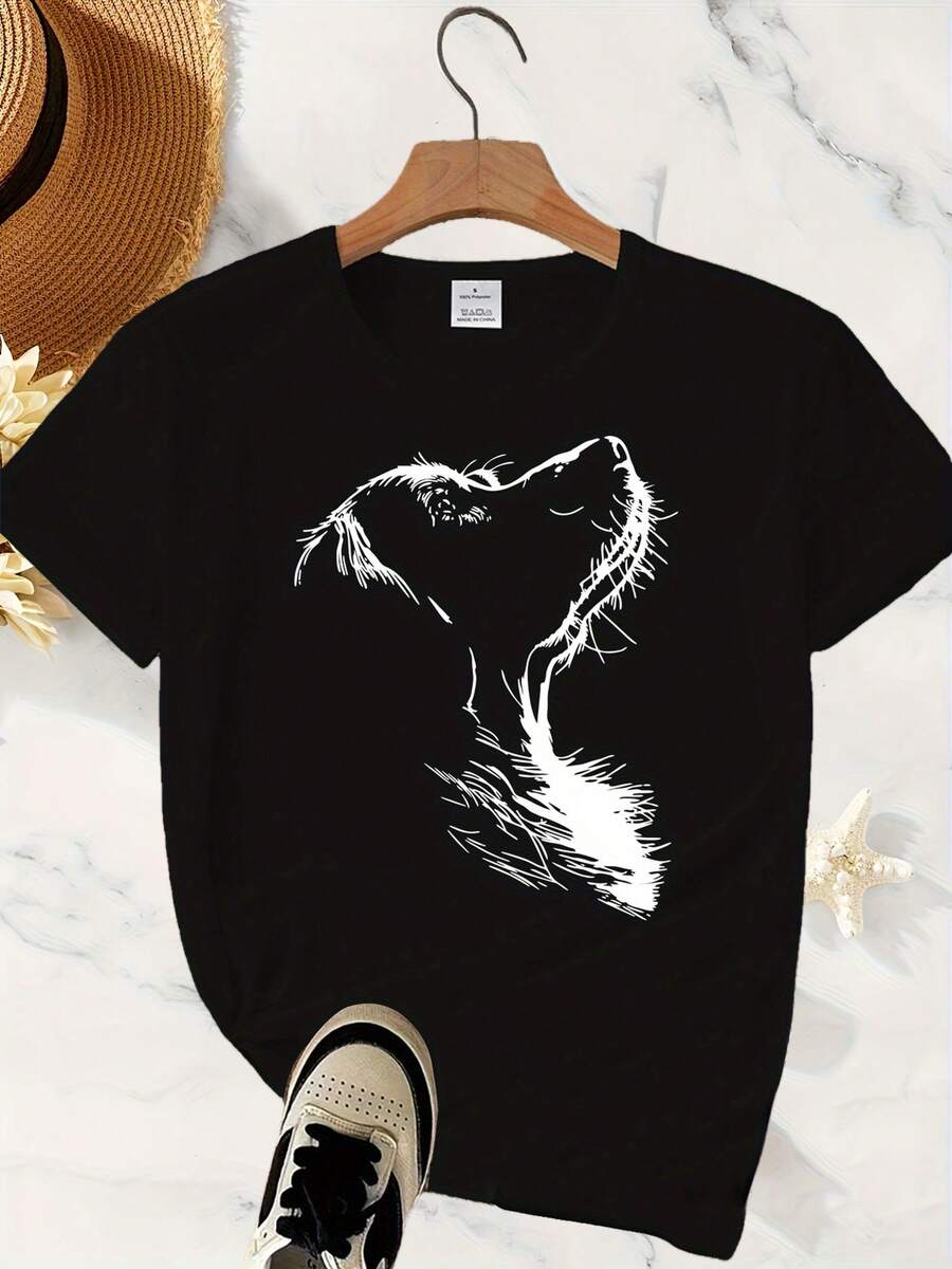 Sommar Toppar Dam 2026 Retro Golden Retriever Patterned T-Shirt - Casual Round Neck Short Sleeve, Machine Washable - For Spring And SummerLoose Fit Stylish Addio Al Nubilato - Black - View 1