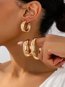 3 Pares/Set de Aretes de Aro Geométricos Circulares con Diseño Minimalista de Moda - Amarillo Oro - Ver 2